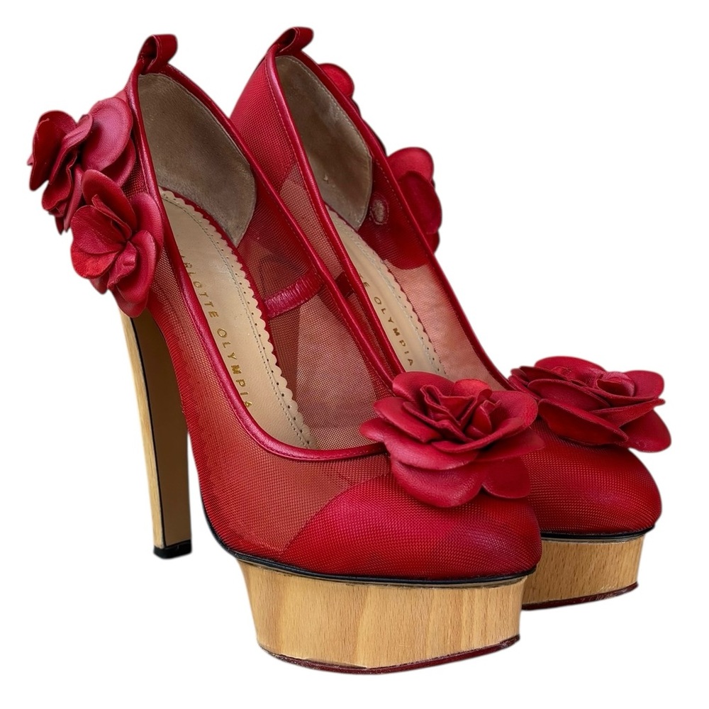 🌹CHARLOTTE OLYMPIA Red Mesh w/ Leather Roses Platform Heels🌹
